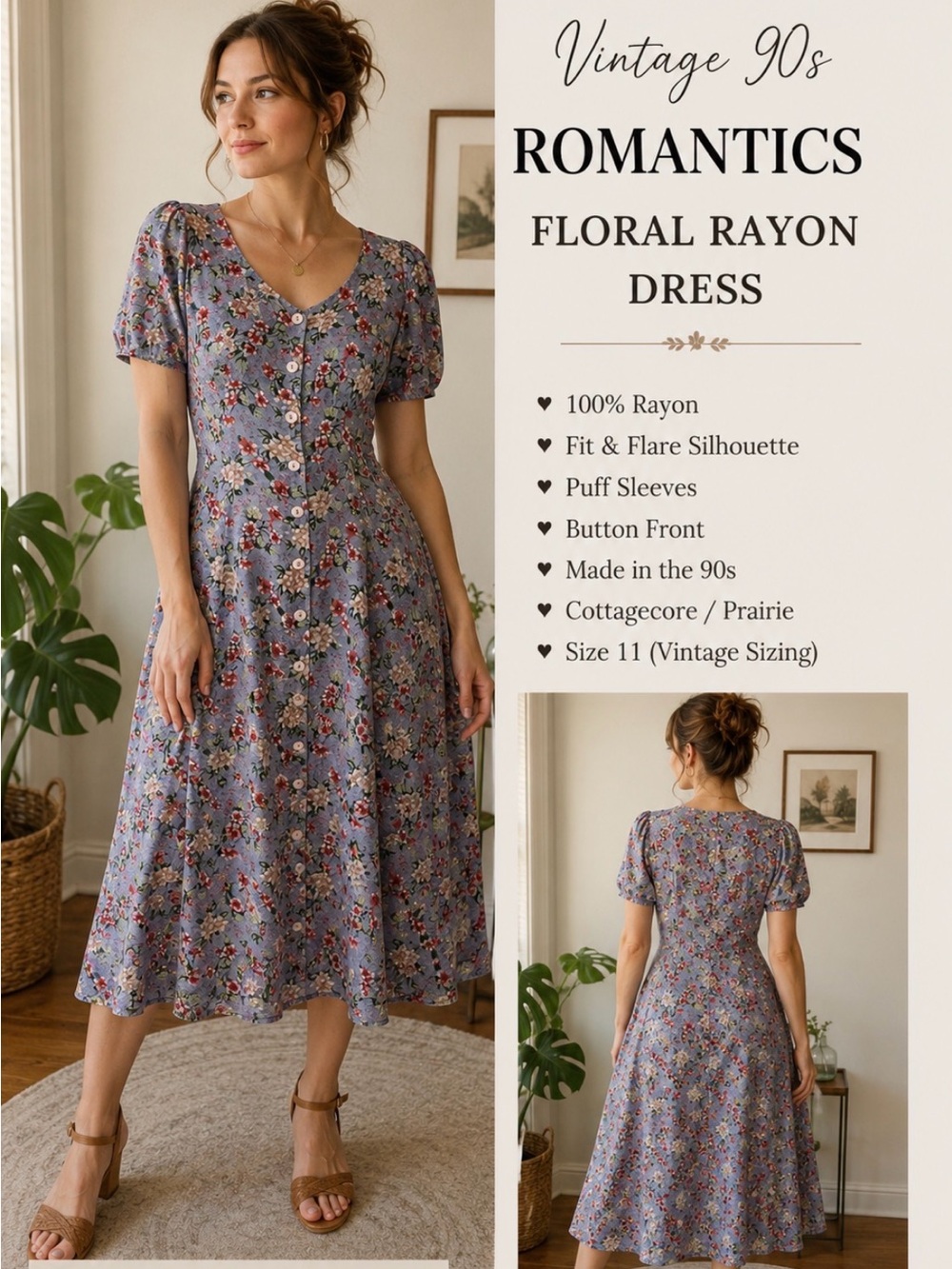 Vintage 90s Romantics Blue Floral Rayon Midi Dress Cottagecore Prairie